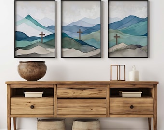 Jesus Cross Print Set of 3 Prints Bible Verse Triptych, Gospel Art Modern Christian Decor, Jesus Quotes, 3 Crosses Mountain Scripture Poster