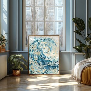 Abstract seascape wall art print with deep blue waves.Abstract ocean wave print with calming blue shades. Ocean-inspired abstract print with vibrant blue waves. Abstract blue ocean wave print with fluid motion.