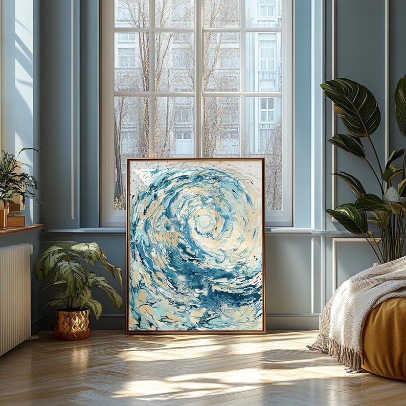 Abstract seascape wall art print with deep blue waves.Abstract ocean wave print with calming blue shades. Ocean-inspired abstract print with vibrant blue waves. Abstract blue ocean wave print with fluid motion.