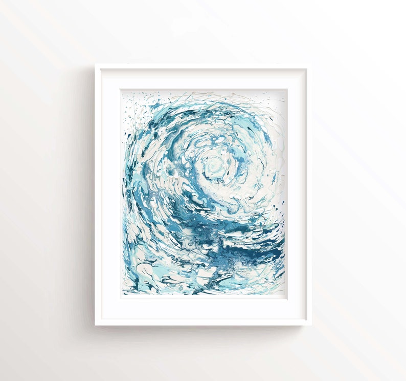 Blue wave art print, a stunning statement for hallway decor and a meaningful birthday gift for water sports enthusiasts. Ocean wave painting in blue tones, an eye-catching addition to any living space, ideal as a gift for coastal art lovers.