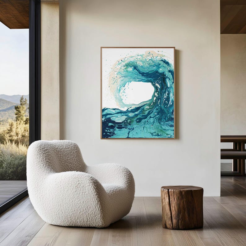 'Sandbanks Wave' - A swirling fluid acrylic abstract wave painting in luminous turquoise and teal — blue ocean waves artwork that brings the wild energy of the sea into any coastal home, by Crafty Cow Design.