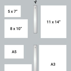Pu&ograve; includere: Un confronto visivo di diverse dimensioni di stampa, tra cui 5x7 pollici, 8x10 pollici, 11x14 pollici, A5, A4 e A3. Un righello da 30 cm &egrave; incluso come riferimento.
