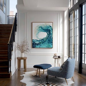 'Sandbanks Wave' - Stunning ocean waves art in fluid acrylic — abstract wave painting in turquoise, teal and sandy cream capturing the wild mood of the sea for coastal home decor, by Crafty Cow Design.