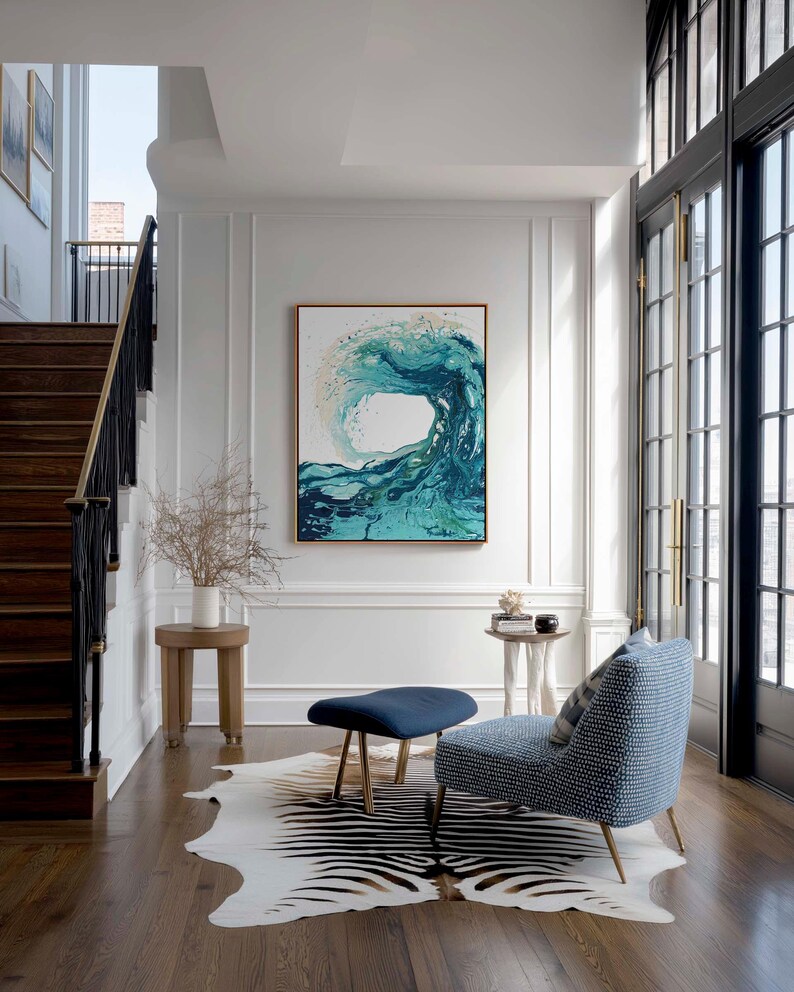 'Sandbanks Wave' - Stunning ocean waves art in fluid acrylic — abstract wave painting in turquoise, teal and sandy cream capturing the wild mood of the sea for coastal home decor, by Crafty Cow Design.