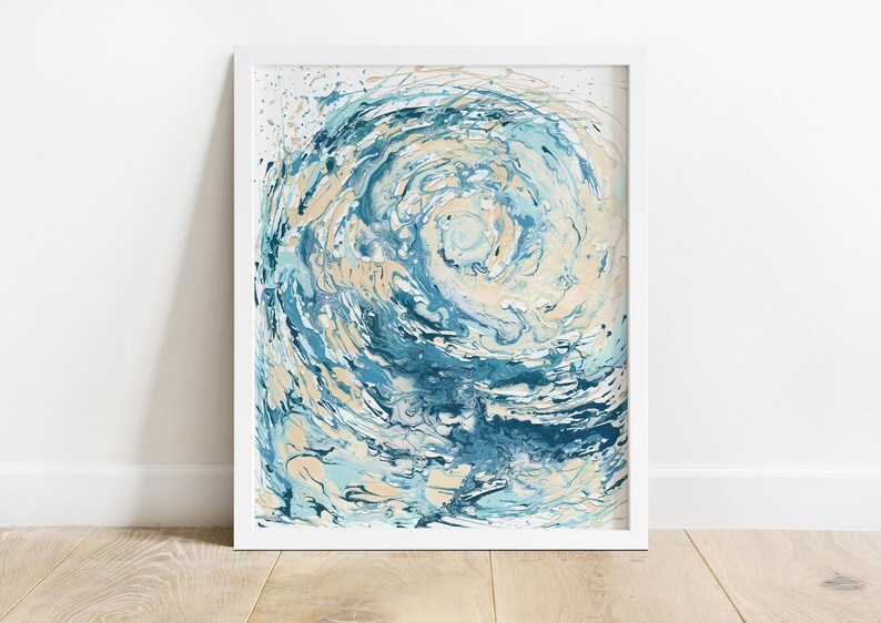 Vibrant wave art print in blues, ideal as a unique birthday gift and a striking addition to a coastal-inspired gallery wall.