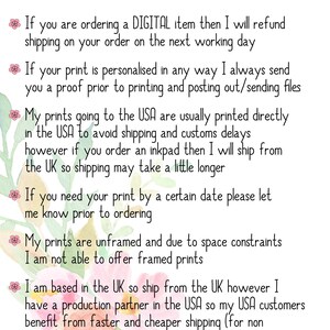 May include: A list of frequently asked questions (FAQs) about ordering digital and printed items. The text mentions shipping, personalization, and production locations.