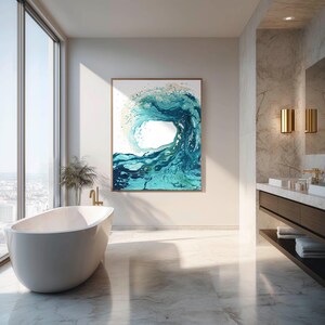 May include: A rectangular wall art print featuring an abstract fluid acrylic painting of a crashing ocean wave in shades of deep navy, turquoise, and seafoam green, displayed in a thin wooden frame on a light-colored wall in a bathroom.