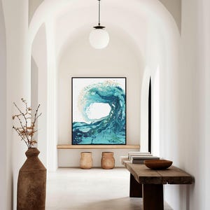 'Sandbanks Wave' - A bold abstract wave painting in swirling turquoise and deep navy fluid acrylic — blue ocean waves artwork with real movement and energy for coastal and contemporary homes, by Crafty Cow Design.
