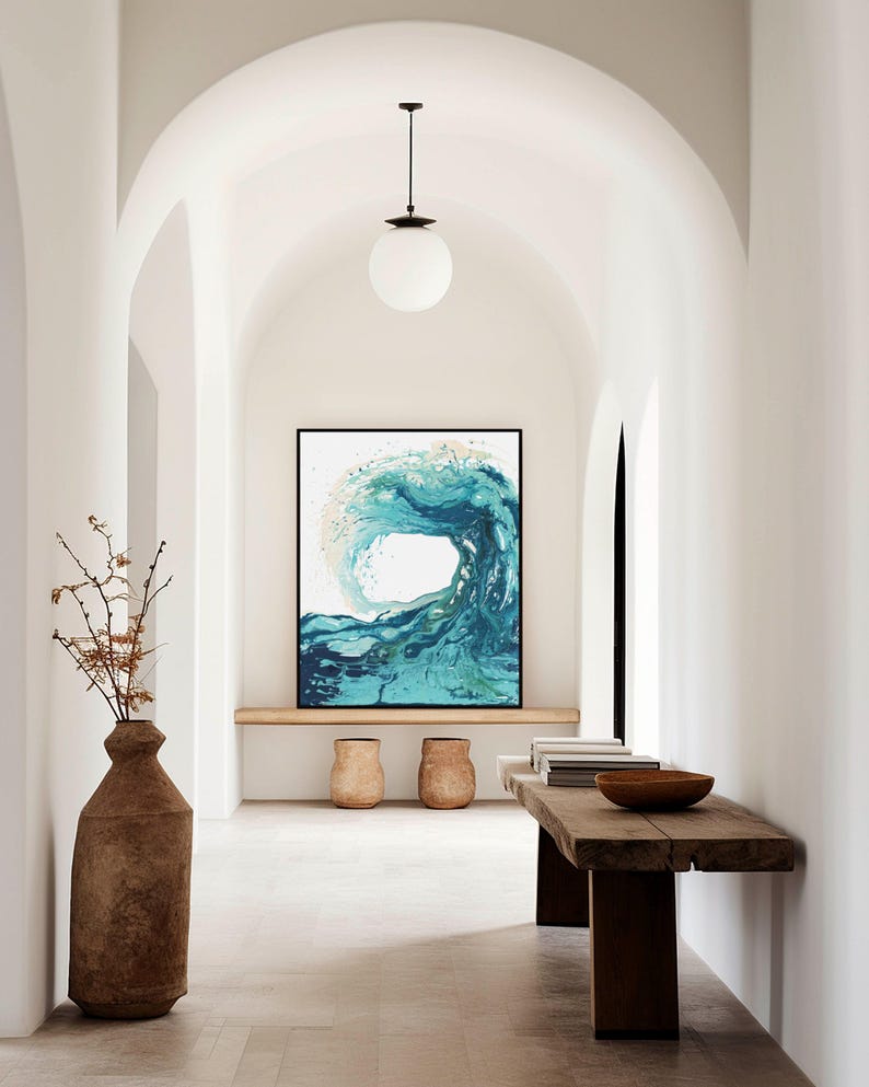 'Sandbanks Wave' - A bold abstract wave painting in swirling turquoise and deep navy fluid acrylic — blue ocean waves artwork with real movement and energy for coastal and contemporary homes, by Crafty Cow Design.