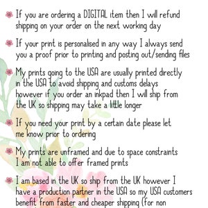 May include: A white informational document titled Some FAQ's decorated with pink floral illustrations. The text outlines policies regarding digital items, personalized proofs, USA printing, shipping timelines, and the lack of framing services.
