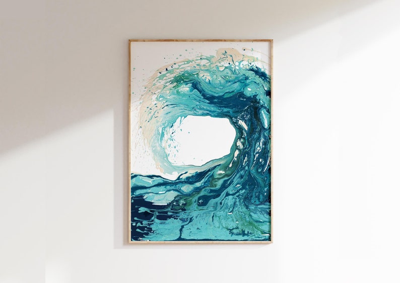 'Sandbanks Wave' - Ocean waves art in luminous teal and turquoise with sandy cream and deep navy — a striking abstract wave painting coast print for beach house and coastal home decor, by Crafty Cow Design.