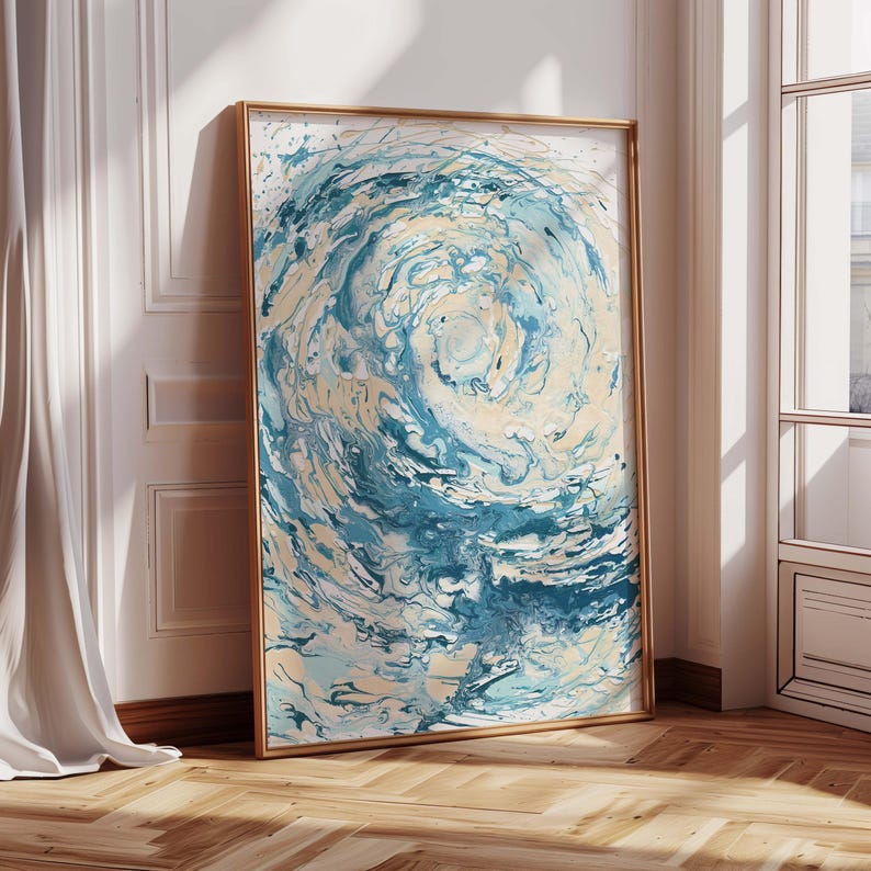 Abstract wave art print with ocean-inspired blue palette.Abstract ocean wave print with swirling blue patterns. Ocean wave painting print with abstract blue textures.