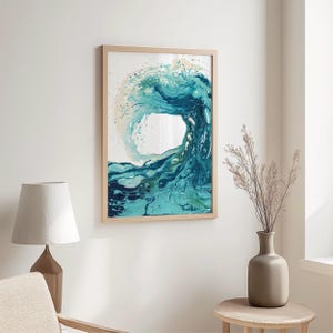 'Sandbanks Wave' - Blue ocean waves artwork in swirling turquoise and deep navy fluid acrylic — abstract ocean art and coastal home decor with stunning movement and colour, by Crafty Cow Design.