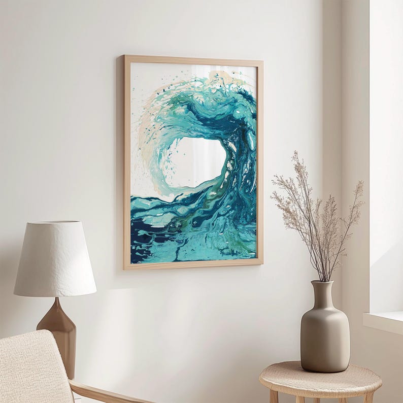 'Sandbanks Wave' - Blue ocean waves artwork in swirling turquoise and deep navy fluid acrylic — abstract ocean art and coastal home decor with stunning movement and colour, by Crafty Cow Design.