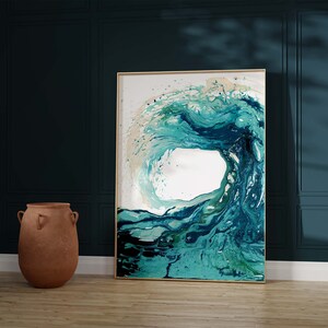 'Sandbanks Wave' - A dynamic abstract wave painting in fluid acrylic capturing the wild energy of the ocean — stunning blue ocean waves artwork in turquoise, teal and navy for coastal home decor, by Crafty Cow Design.