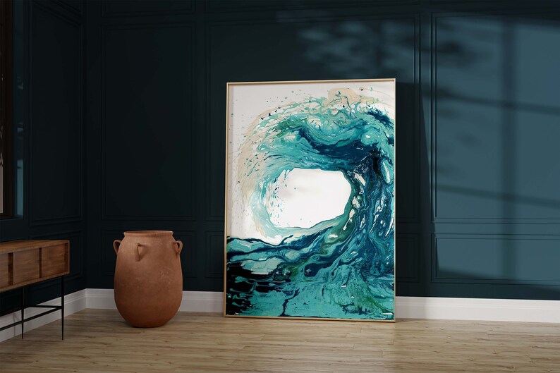 'Sandbanks Wave' - A dynamic abstract wave painting in fluid acrylic capturing the wild energy of the ocean — stunning blue ocean waves artwork in turquoise, teal and navy for coastal home decor, by Crafty Cow Design.