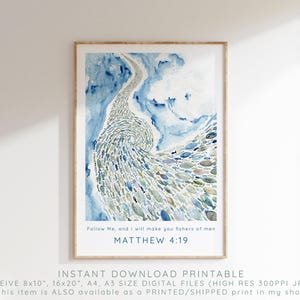 Versetto biblico "Pescatori di uomini" stampabile, download digitale, stampa della Scrittura di Matteo 4:19, idea regalo moderna per il bagno con fede cristiana ad acquerello. immagine 3