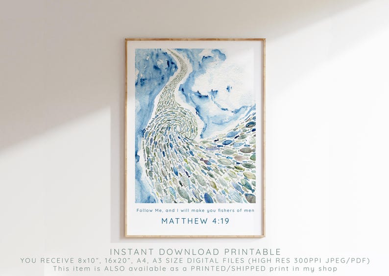 Versetto biblico "Pescatori di uomini" stampabile, download digitale, stampa della Scrittura di Matteo 4:19, idea regalo moderna per il bagno con fede cristiana ad acquerello. immagine 3
