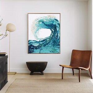 'Sandbanks Wave' - Ocean prints in fluid acrylic capturing the ferocity and beauty of a breaking wave — abstract wave painting in luminous turquoise, teal and deep navy for coastal home decor, by Crafty Cow Design.