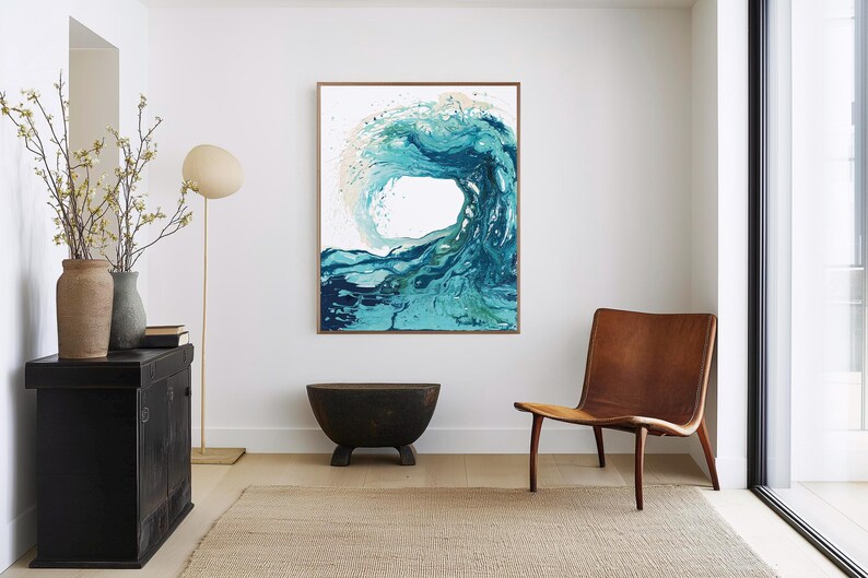 'Sandbanks Wave' - Ocean prints in fluid acrylic capturing the ferocity and beauty of a breaking wave — abstract wave painting in luminous turquoise, teal and deep navy for coastal home decor, by Crafty Cow Design.