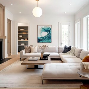 'Sandbanks Wave' - Abstract ocean art in swirling teal and luminous turquoise with deep navy — coast print and wave wall art for beach house home decor with real energy and presence, by Crafty Cow Design.
