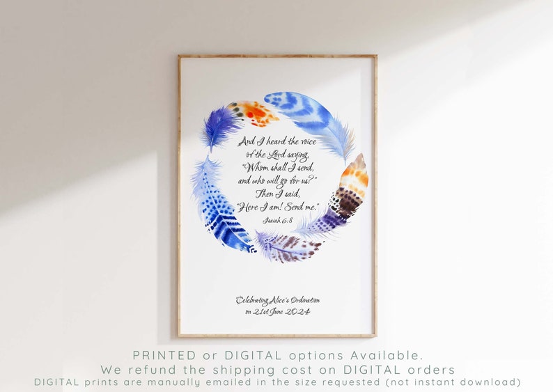 Ordination Gift, Isaiah 6 8, Biblical Wall Art, Scripture Wall Decor, Personalized Bible Verse Poster, Custom Pastor Gifts, Catholic, Deacon