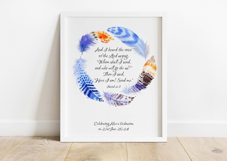 Regalo de ordenación, Isaías 6:8, Arte mural bíblico, Decoración de pared con las Escrituras, Póster personalizado con versículos bíblicos, Regalos personalizados para pastores, Católico, Diácono imagen 3