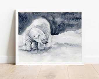 Polar Bear Print, Polar Bear Art, Winter Decor UK, Winter Wall Decor, Winter Wall Art Christmas Theme, Polar Bear Watercolor, Snow Art Print