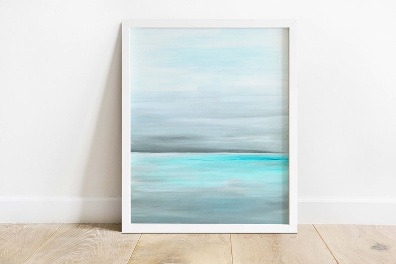 Abstract Seascape Painting Print Ocean Painting Coastal Wall Art Beach Themed Decor Nautical Decor Beach Wall Art Turquoise Coastal Prints; Turquoise and grey serene ocean art, a thoughtful gift for art collectors, ideal for relaxing home decor.