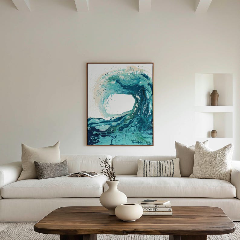 'Sandbanks Wave' - Abstract ocean art in stunning teal, turquoise and deep navy blue with sandy cream — a dynamic wave wall art print for beach house home decor and contemporary interiors, by Crafty Cow Design.