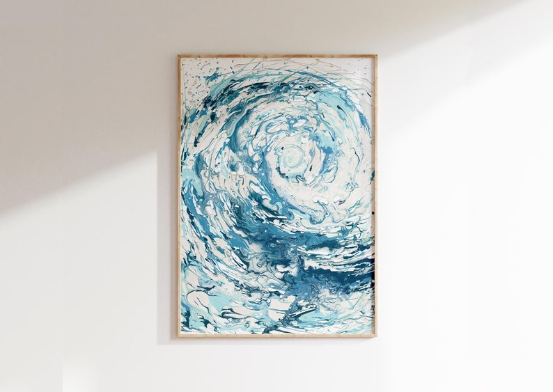 Rolling wave wall art in blue hues, a statement addition to bedrooms, perfect for gifting ocean-themed decor lovers. Dynamic blue wave painting print, a unique anniversary gift and a bold feature for entryway walls.