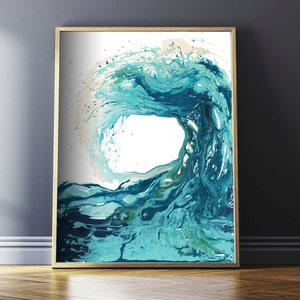 'Sandbanks Wave' - Blue ocean waves artwork in swirling turquoise and deep navy fluid acrylic — abstract ocean art and coastal home decor with stunning movement and colour, by Crafty Cow Design.