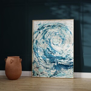 Blue rolling wave print, a thoughtful gift for anniversaries, ideal for creating a serene atmosphere in bedrooms. Captivating blue wave painting, a statement piece for kitchens, perfect for gifting ocean-inspired decor fans.