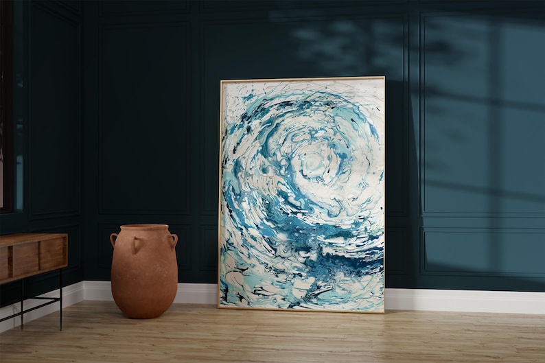 Blue rolling wave print, a thoughtful gift for anniversaries, ideal for creating a serene atmosphere in bedrooms. Captivating blue wave painting, a statement piece for kitchens, perfect for gifting ocean-inspired decor fans.