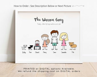 Personalised Family Print, Cartoon Family Portrait, Personalized Family Gift Ideas, Custom Family Prints, Family Cartoon Portrait with Pets