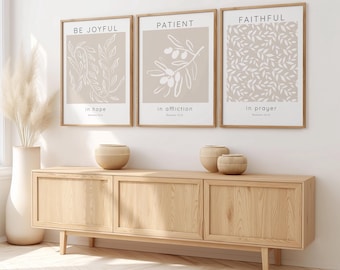 Be Joyful Modern Scripture Triptych Three Piece Wall Art, Neutral Tone Home Decor Romans 12 Poster Set of 3 Prints, Christian Faith Art Gift