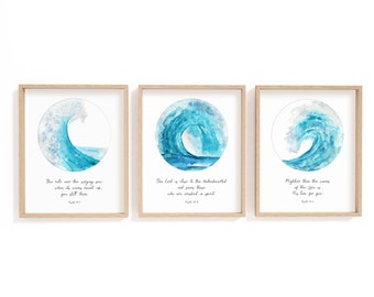 Watercolor Ocean Wave Prints Set of 3 Bible Quote Printable Scripture Wall Art, Pastor Gift for Christian Friends, Custom Bible Verse Prints