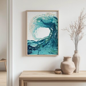 'Sandbanks Wave' - A fluid acrylic abstract wave painting in deep navy, teal and luminous turquoise — ocean prints that bring the ferocity and beauty of blue ocean waves into your home, by Crafty Cow Design.