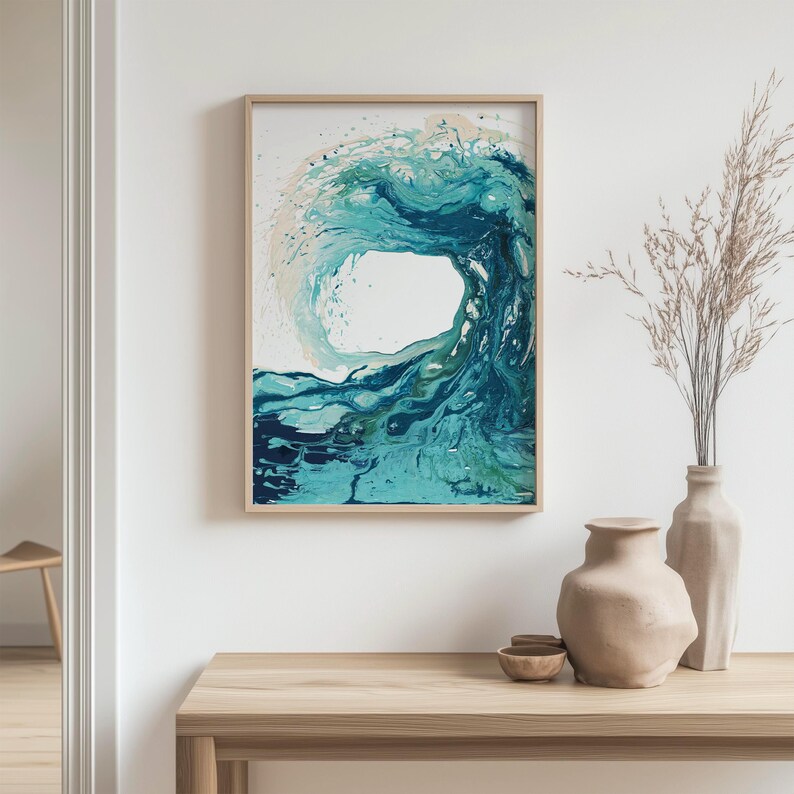 'Sandbanks Wave' - A fluid acrylic abstract wave painting in deep navy, teal and luminous turquoise — ocean prints that bring the ferocity and beauty of blue ocean waves into your home, by Crafty Cow Design.