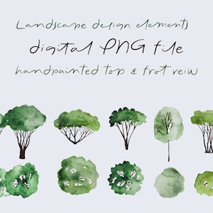 Landscape Design Plan Elements Top Front View, Trees Bushes Watercolor Clip Art, Garden Backyard Ideas Decor, PNG