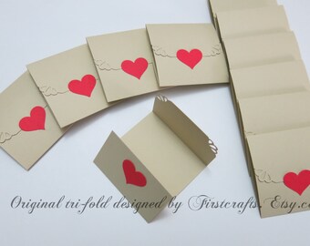 Mini note cards- Mini notecards Natural Tan/Red- Tri-fold envelope mini blank cards- Wedding favor - Small blank cards- 20 Blank notecards