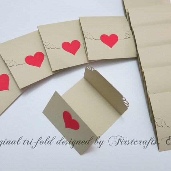 Mini note cards- Mini notecards Natural Tan/Red- Tri-fold envelope mini blank cards- Wedding favor - Small blank cards- 20 Blank notecards