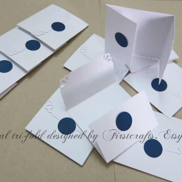 Mini note cards- Mini notecards White/Navy Blue- Tri-fold envelope mini blank cards- Wedding favor - Small blank cards- 20 Blank notecards