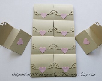 Mini note cards- Mini notecards Natural Tan/Pink- Tri-fold envelope mini blank cards- Wedding favor - Small blank cards- 20 Blank notecards