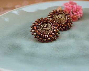 Copper Hearts - embroidered earrings