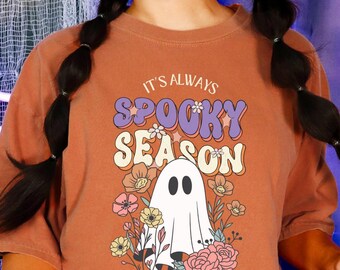 Spooky Season Ghost Tee, Retro Floral Halloween, Comfort Colors 1717