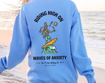 Skeleton Surfing Sweatshirt, Gildan 18000, Mental Health Halloween Pullover