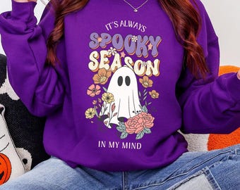 Retro Floral Ghost Sweatshirt, Spooky Season Pullover, Gildan 18000