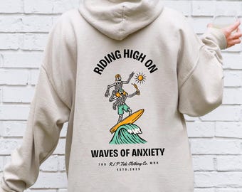 Spooky Summer Surf Skeleton Hoodie, Waves of Anxiety Graphic