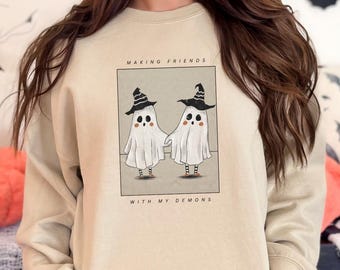 Cute Ghost Friends Crewneck Sweatshirt, Spooky Season Mental Health
